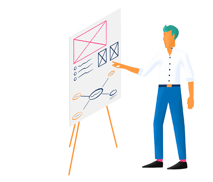 Clipart: Content Marketing - Mann entwickelt Content Strategie am Flipchart